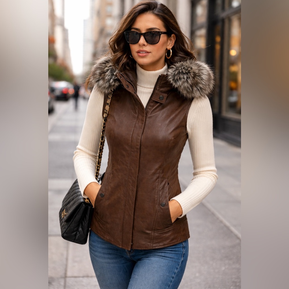 NEW Danier Warm Insulated Leather Vest Brown Detachable Faux FUR Collar